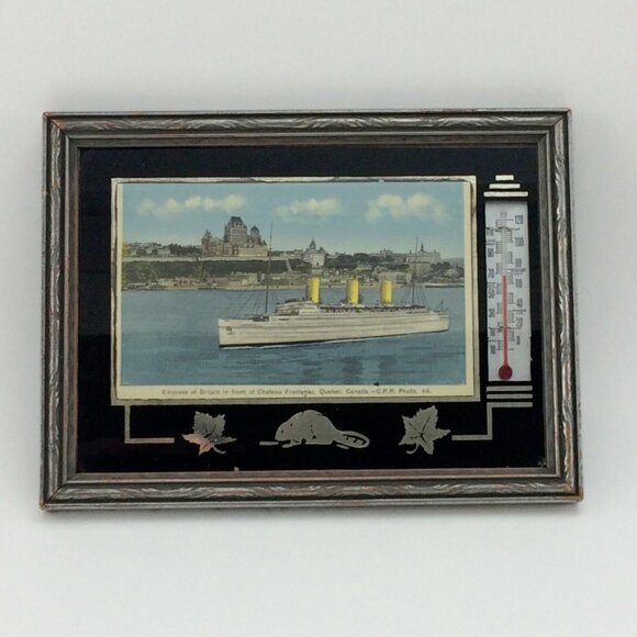 Vtg Framed Empress Britain Boat Postcard Chateau Frontenac Quebec Thermometer - Picture 1 of 16